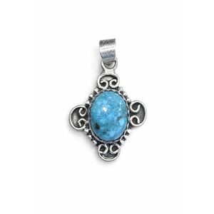 Turquoise Oval Pendant Necklace Ornate Sterling Silver Scrollwork Setting New